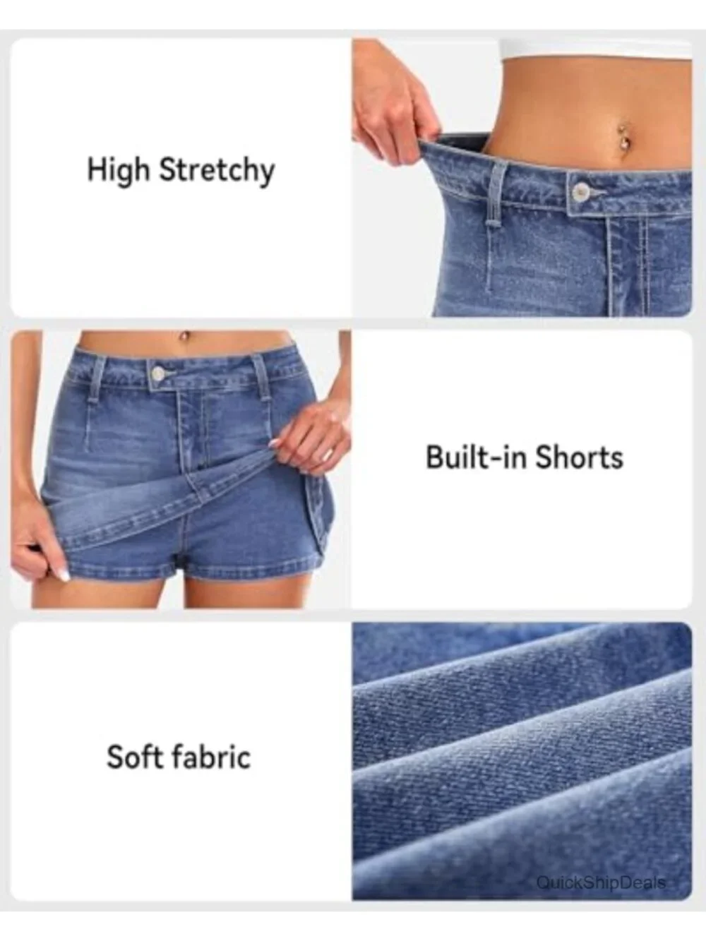 High Stretch Denim Skort with Built-in Shorts, Low Rise Mini Jean Skirt